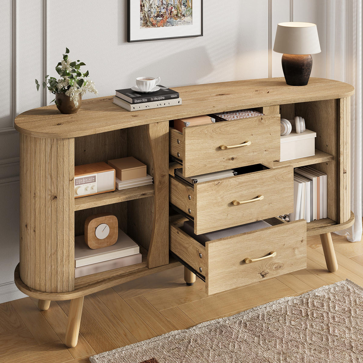 SIDEBOARD Erbsenform Rillenoptik - Naturfarben, Holzwerkstoff (150/75/36.5cm)