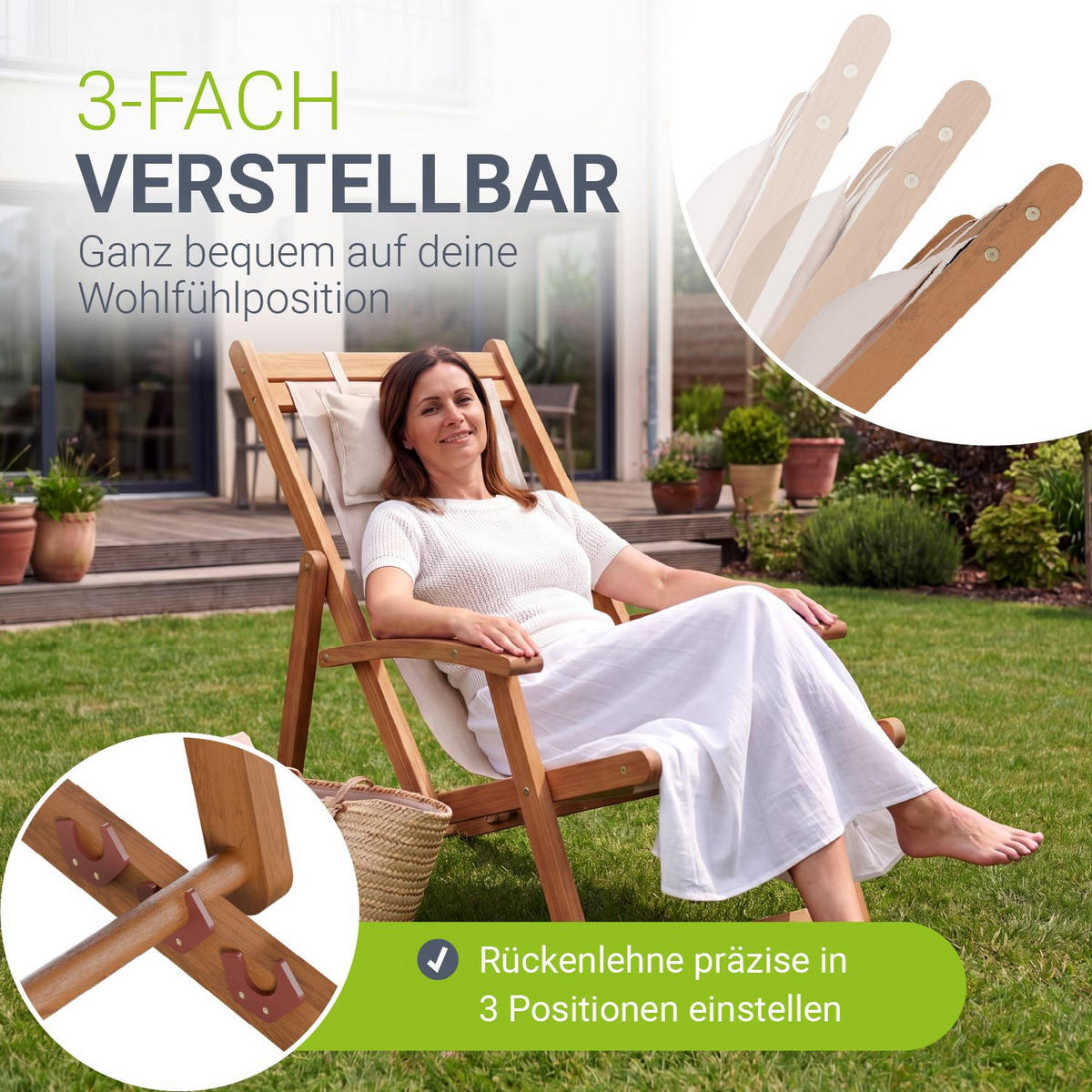SONNENLIEGE Tavira Akazie creme klappbar 2er-Set - Creme, Holz (60/110/110cm) - Juskys