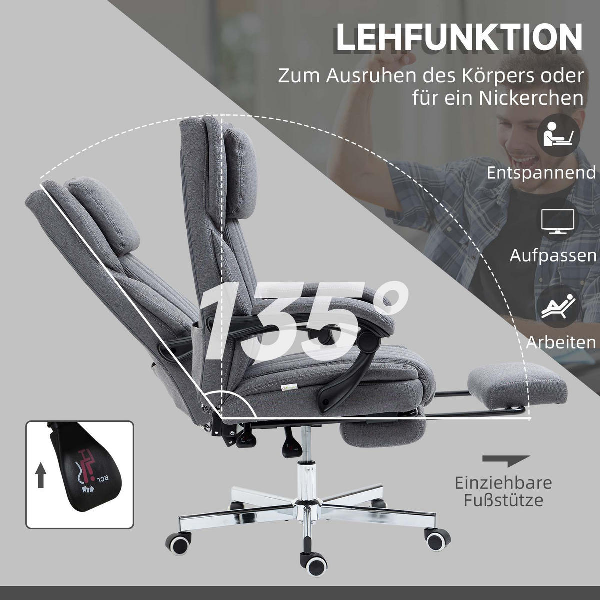 BÜROSTUHL mit Massagefunktion, Grau - Grau, Kunststoff (61/113/65cm) - Vinsetto