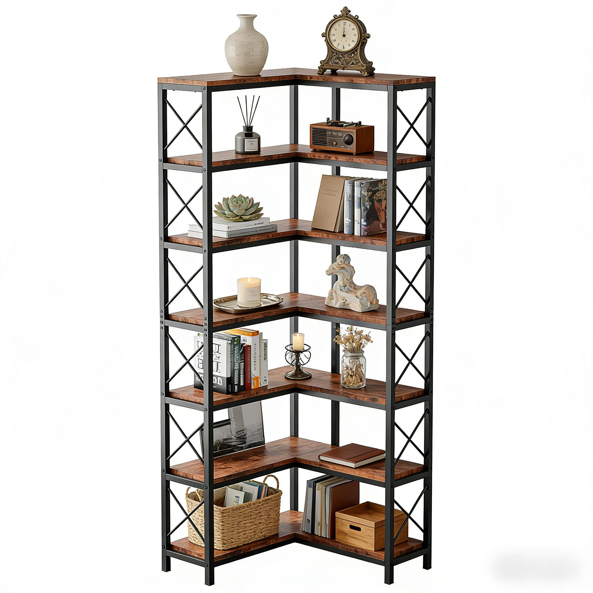 BÜCHERREGAL Schwarz/Rustikalbraun Eckregal mit 14 Fächern 61/60,5/202 cm - Schwarz, Metall (61/202/60.5cm) - PANGIVO