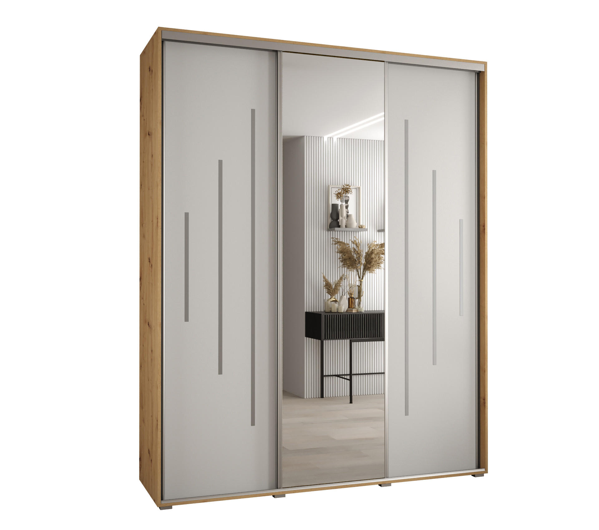 Abiks Möbel Schwebetürenschrank Eiche Artisan, Weiß, Silber 190x235x45 cm
