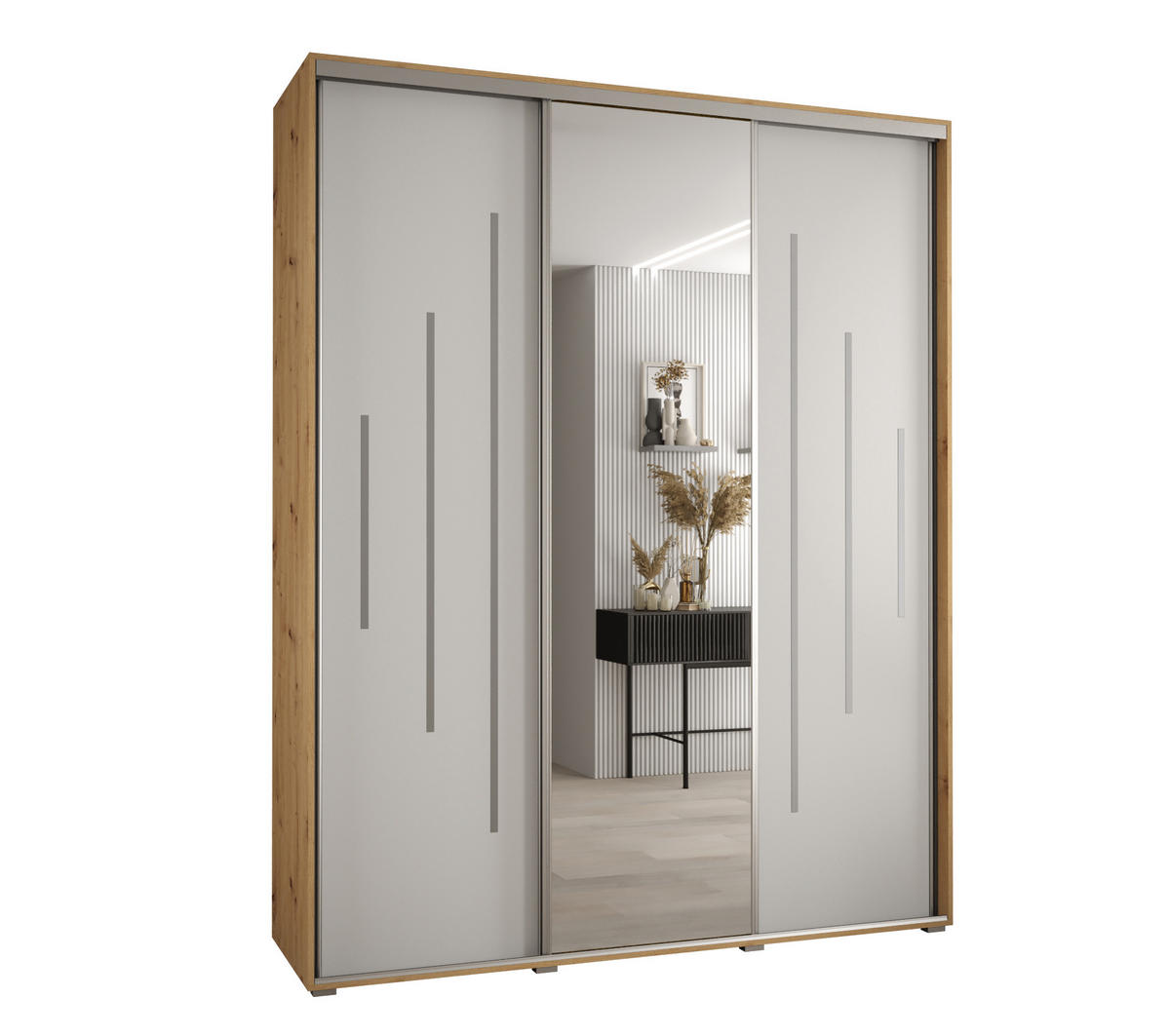 SCHWEBETÜRENSCHRANK 235,2/190/45 3-türig - Silberfarben/Eiche Artisan, Holz/Metall (190/235/45cm) - Abiks Möbel