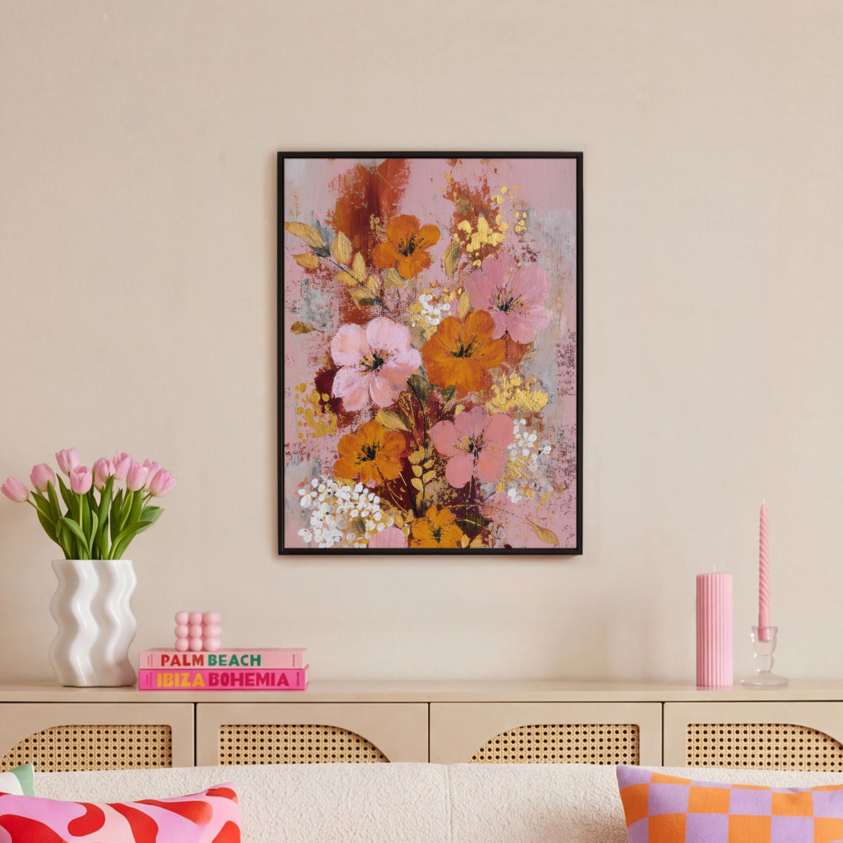 LEINWAND Bilder mit Rahmen - Malerei - Blumen - Rustikal - Rosa - 60x80 - Altrosa, Textil (60/80cm) - MuchoWow