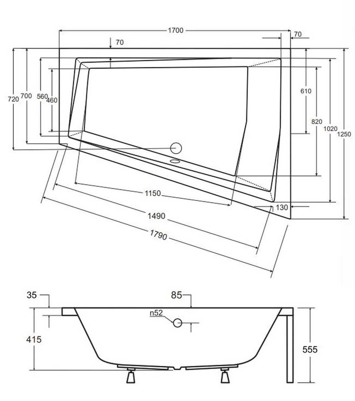 BADEWANNE Eckwanne INTIMA 170/125 Links Ablauf Füße + 1 Kopfstütze + Ablage - Weiß, Kunststoff (125/55.5/170cm) - bad land