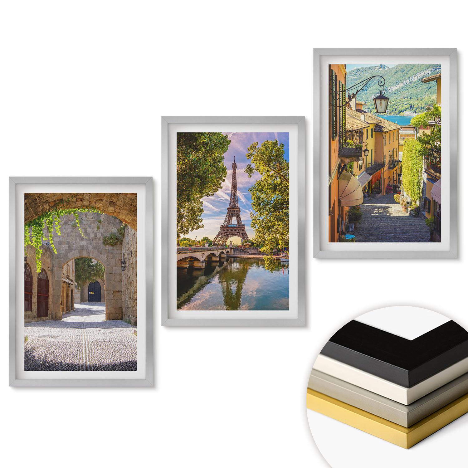 WANDBILDER 3er Set - 40x60 cm Silberner Rahmen - Straßen der Eiffel-Architektur - Silberfarben, Kunststoff (40/60cm) - ArtPrintCave