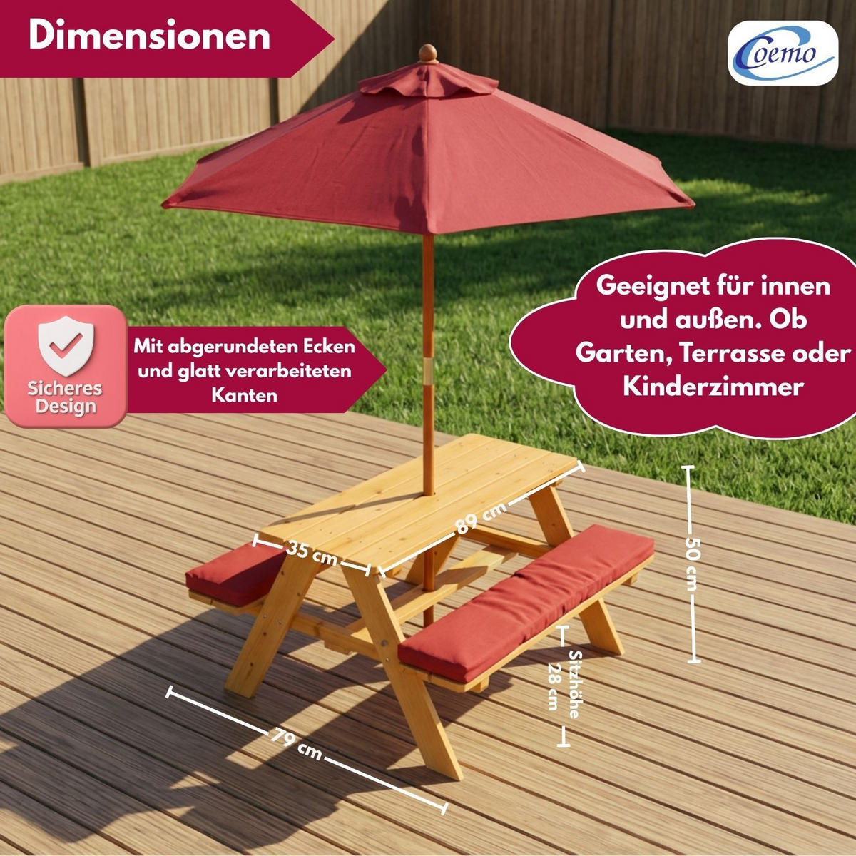 KINDERSITZGRUPPE GARTEN Holz mit Sitzauflagen + Sonnenschirm Farbe Natur 89/79/50 cm - Naturfarben, Holz (79/50/89cm) - Coemo