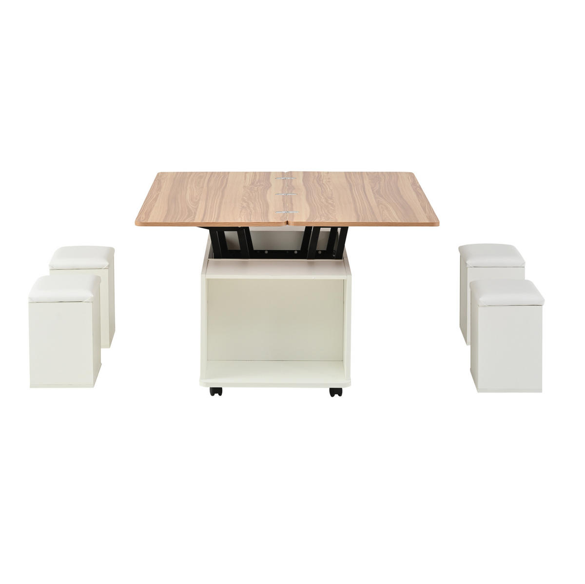 COUCHTISCH 100/50 cm höhenverstellbar mit Klappfunktion, Schublade und 4 Hockern - Weiß, Holzwerkstoff (100/50/45cm) - BEAOK