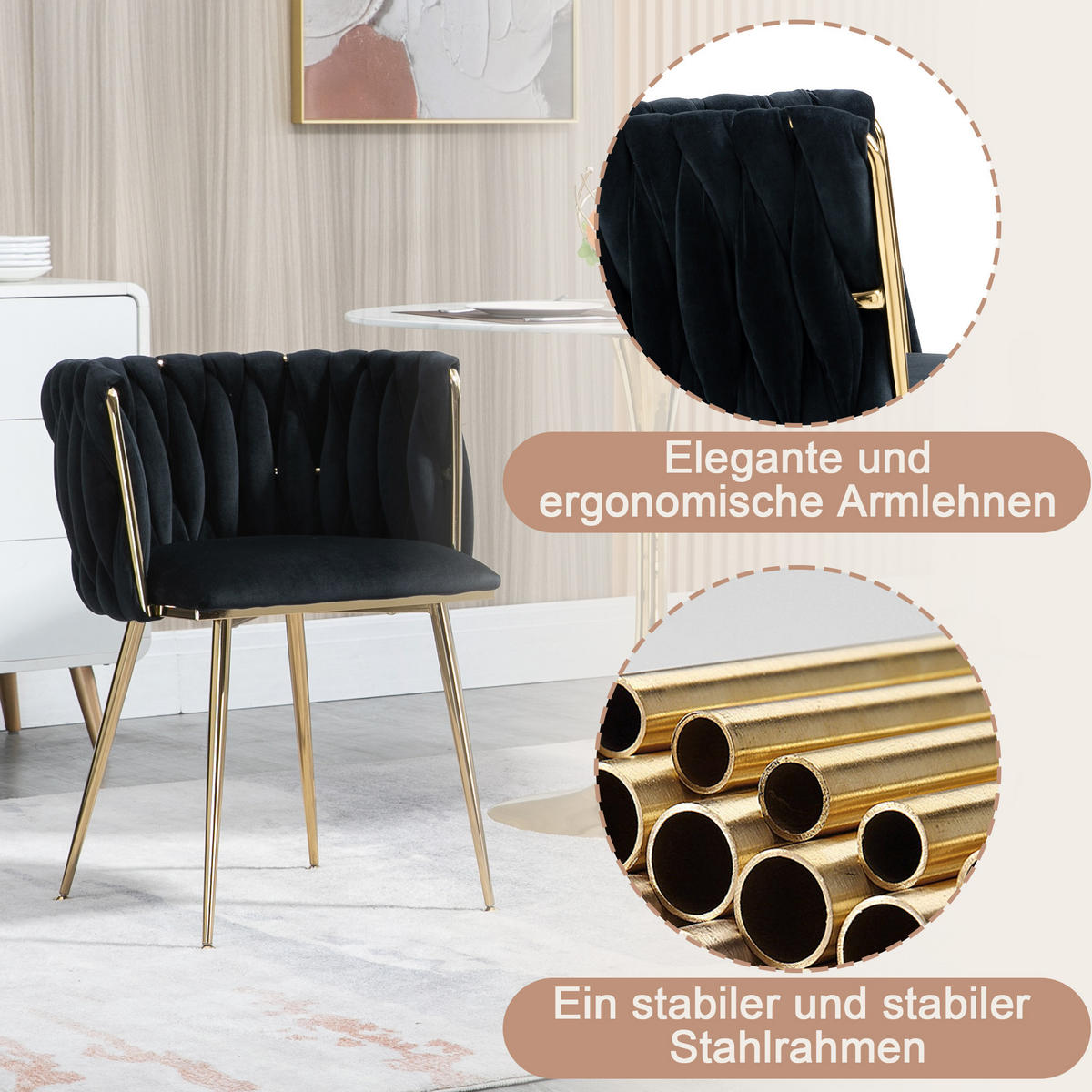ESSZIMMERSTUHL 2er-Set aus Samt mit Goldbeinen - Schwarz, Textil (55.5/74/41cm)