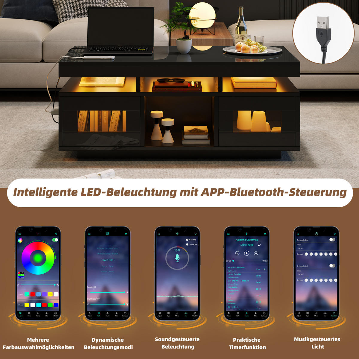 COUCHTISCH aus Spanplatte 100x50x43 cm Schwarz mit App-gesteuerter LED, Steckdose und USB-Anschluss - Schwarz, Holzwerkstoff (100/50/43cm) - IVMEU