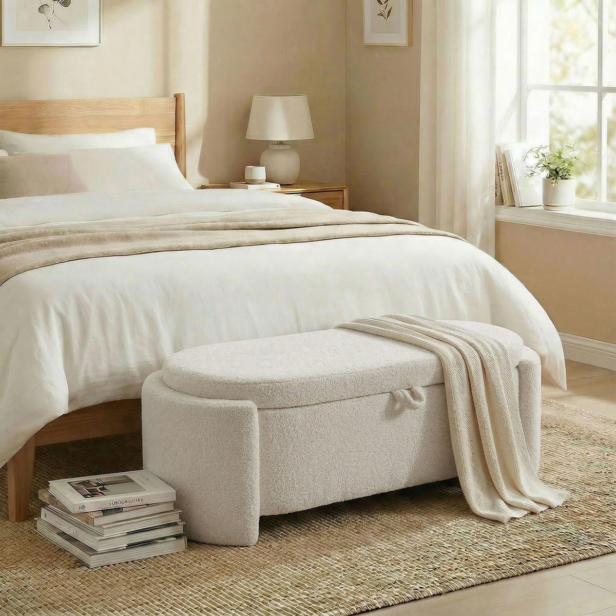 TRUHENBANK DE-16459 oval mit Teddyfell-Bezug und Stauraum Creme - Creme, Textil (129/44/48.5cm) - ComfortXL