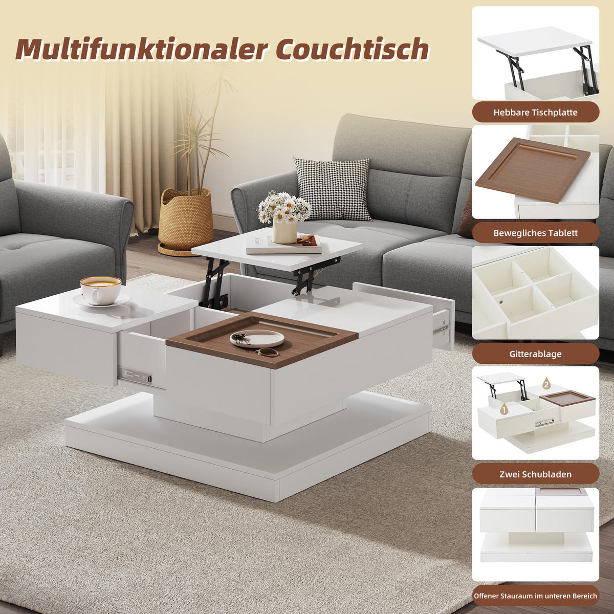 COUCHTISCH mit Hebefunktion und 2 Schubladen Hochglanz-Effekt - Weiß, Holzwerkstoff/Metall (75.5/75.5/38cm) - Urban Meuble