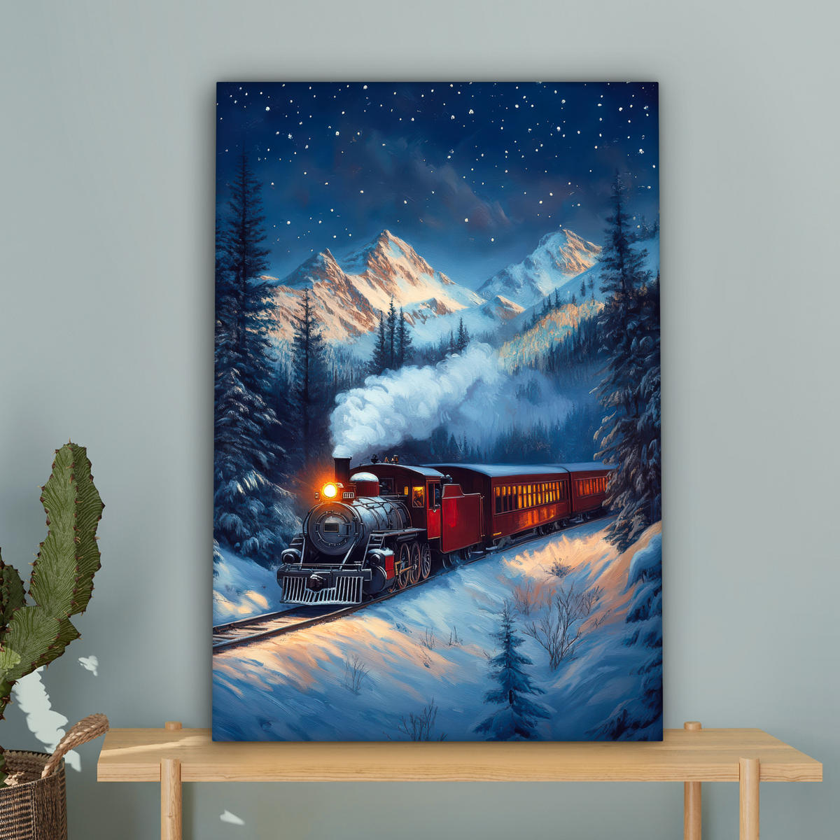 LEINWANDBILD Zug - Weihnachten - Schnee - Weihnachtszug Wanddeko Schlafzimmer 60x90 cm - Anthrazit, Textil (60/90cm) - MuchoWow