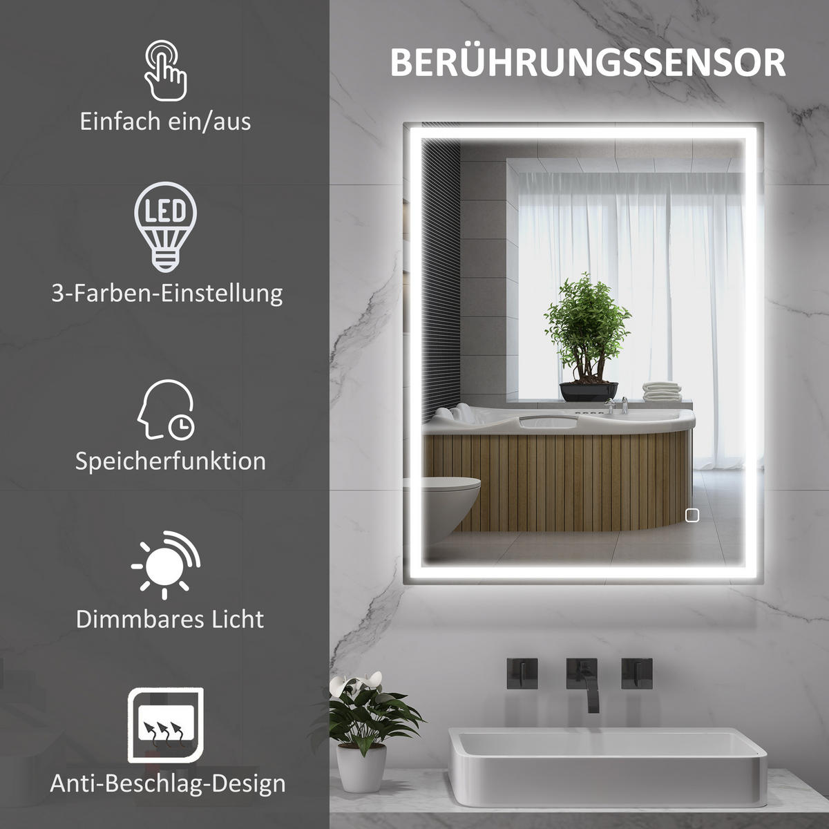 BADSPIEGEL mit Beleuchtung 90x70 cm LED Spiegel, Silber - Silberfarben, Glas (90/4/70cm) - HOMCOM