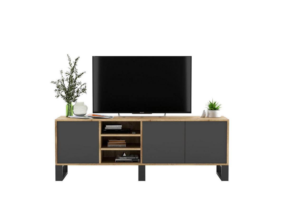 TV-LOWBOARD Apollo Eiche wotan Graphit Matt mit Metallbeinen 150/53/35 cm - Graphitfarben/Schwarz, Holzwerkstoff/Metall (150/53/35cm) - Meble Lindner