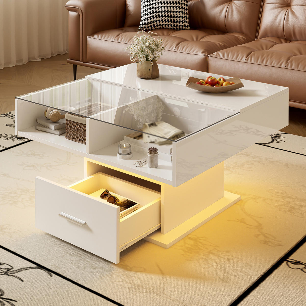 COUCHTISCH höhenverstellbar 78x78 cm Weiß mit LED und Stauraum - Weiß, Holzwerkstoff (78/78/45cm) - Meubliv