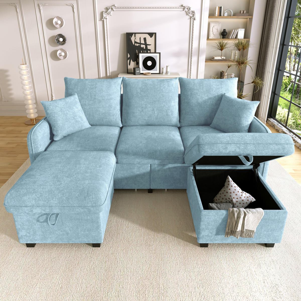 ECKSOFA 4-Sitzer Chenille Blau mit Schlaffunktion, Schubladen, Stauraum und inkl. Hocker - Blau, Holzwerkstoff/Kunststoff (188/186cm) - WISHDOR
