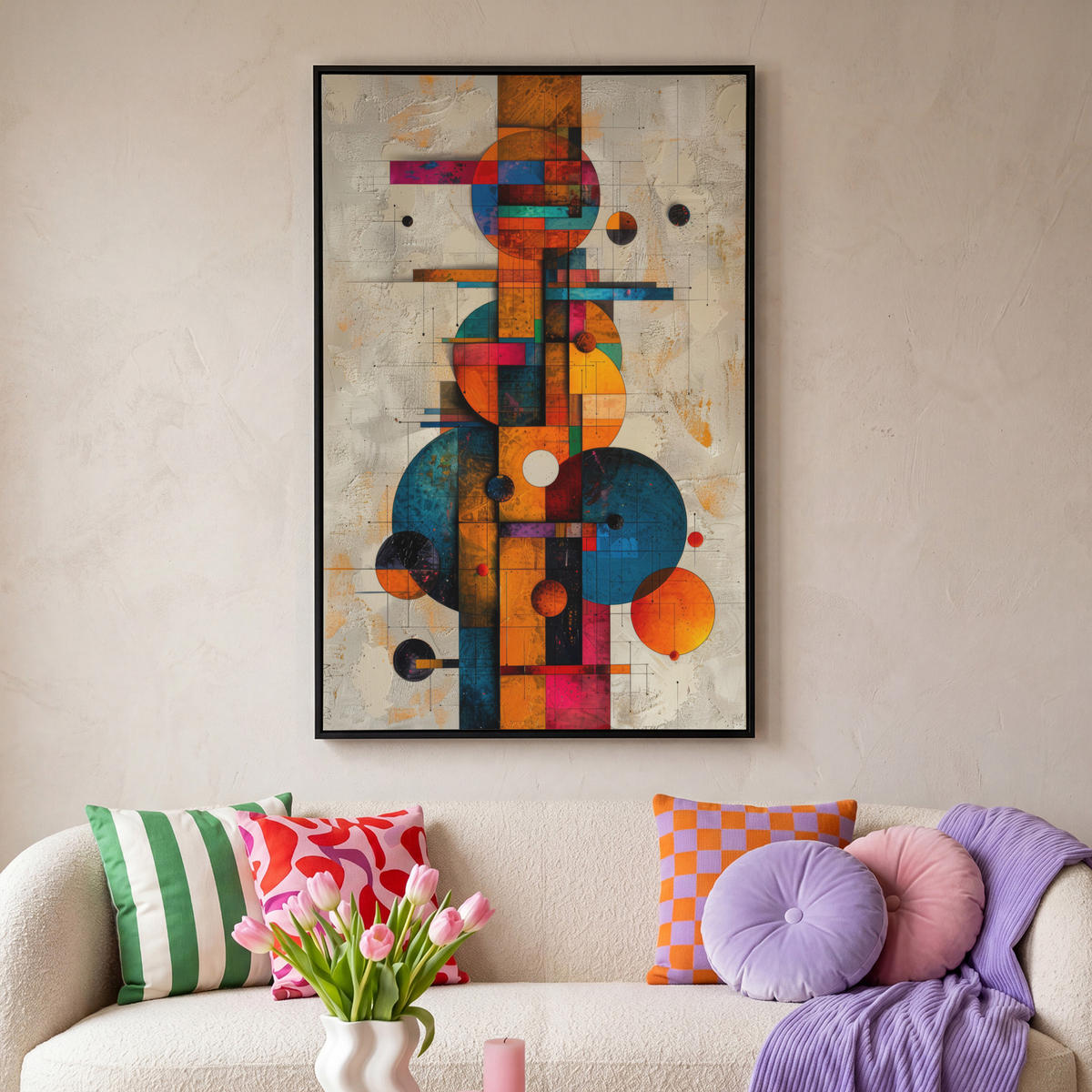 LEINWAND Bilder mit Rahmen - Vintage - Moderne Kunst - Orange - Geometrische Formen - 100x150 - Multicolor, Textil (100/150cm) - MuchoWow