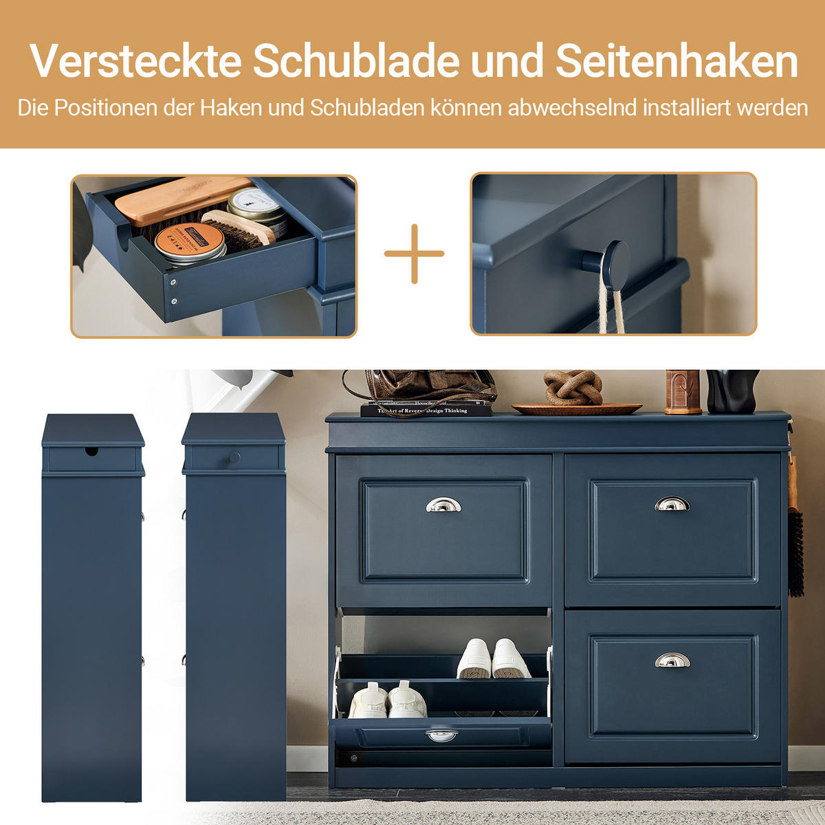 SCHUHKIPPER Blau, Schuhschrank mit 4 Klappen - Blau, Holzwerkstoff (104/83/24cm) - SoBuy
