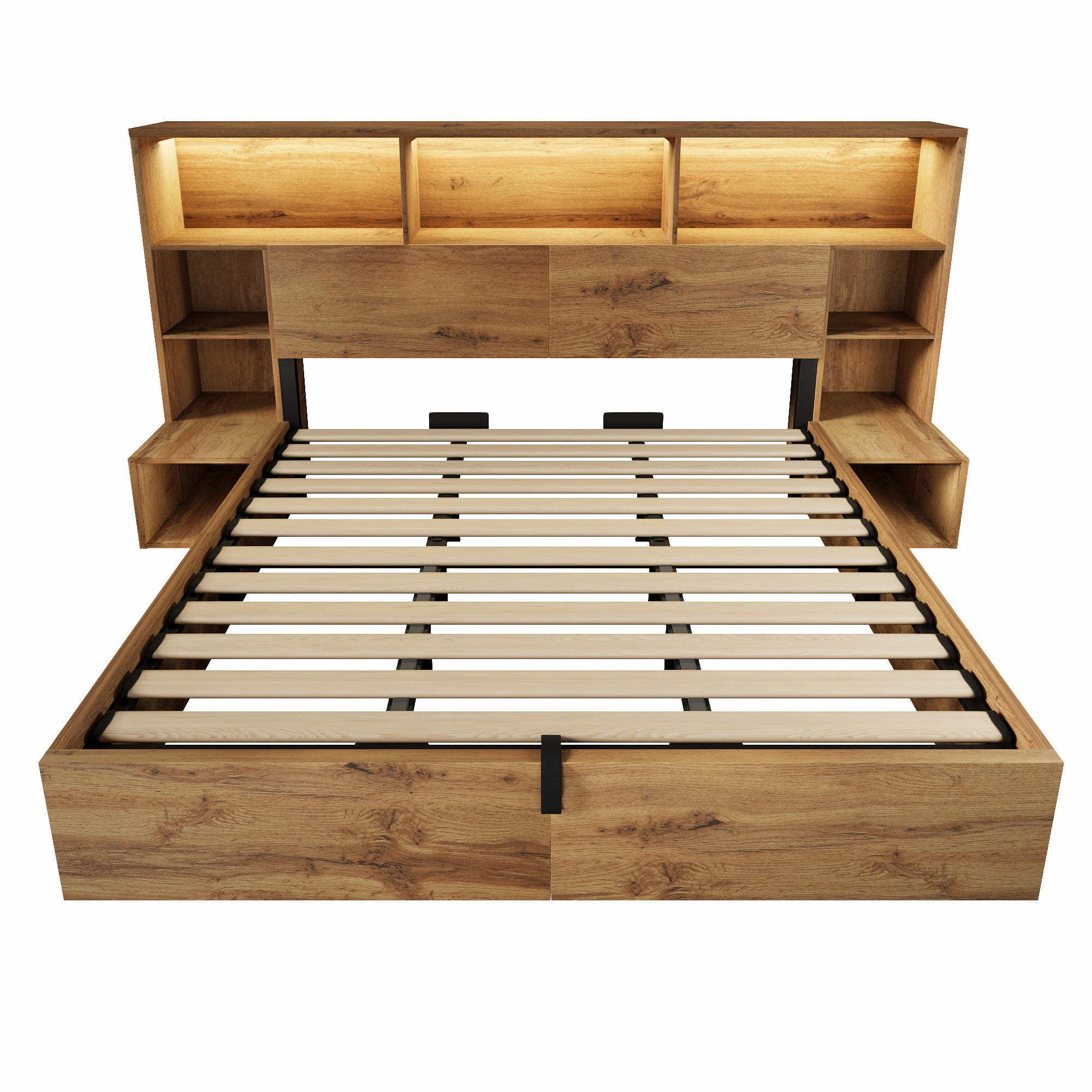 POLSTERBETT 180/200 cm Eiche mit integrierten Nachttischen, LED und USB-C, Ohne Matratze - Eichefarben, Holz (180/200cm) - Oxeza
