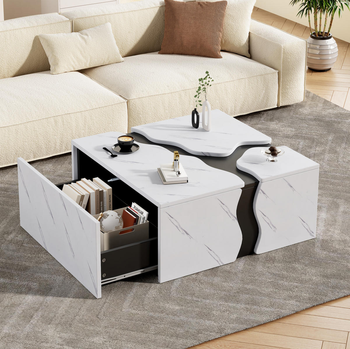 COUCHTISCH aus Spanplatte 70x70x31 cm Weiß in Marmoroptik mit Schublade - Weiß, Holzwerkstoff (70/70/31cm) - IVMEU