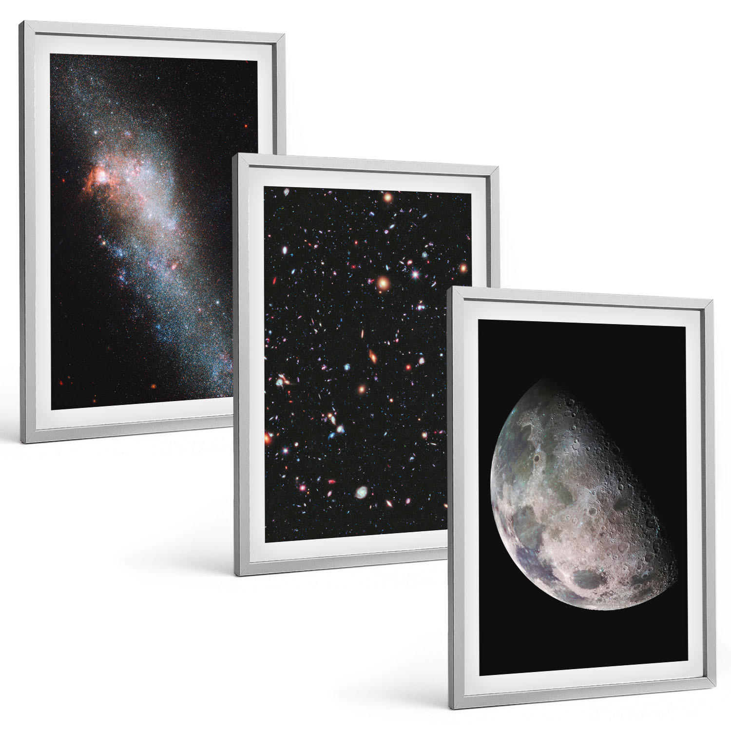BILDER SET 3er Set - 40x60 cm Silberner Rahmen - Weltraum Galaxien Sterne Mond - Silberfarben, Kunststoff (40/60cm) - TULUP