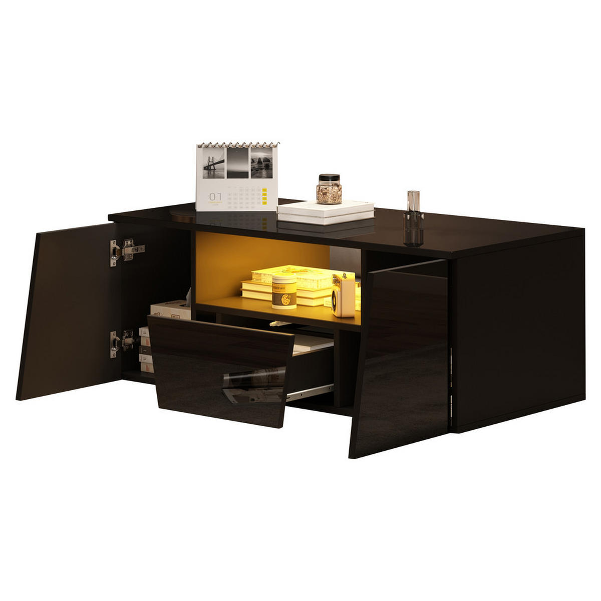 COUCHTISCH 100x50cm Schwarz Hochglanz LED Unregelmäßig 2 Schränke Schublade - Schwarz, Holz (109.22/59.51/12.98cm) - FLIEKS