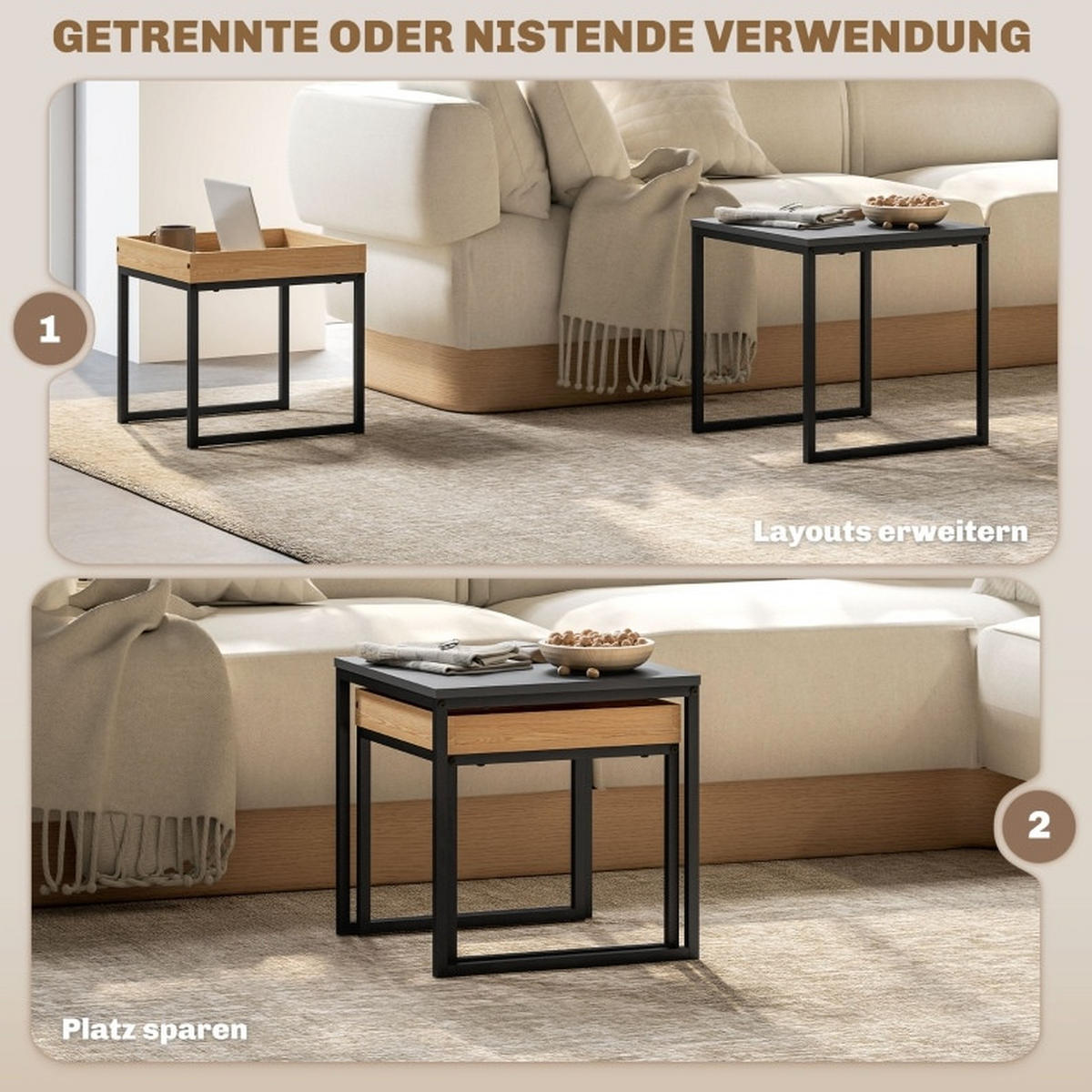 COUCHTISCH-SET 45/45/45 cm und 40/40/40 cm mit abnehmbarem Tablett und ineinanderschiebbarer Funktion, Schwarz - Schwarz, Metall (45/45/45cm) - Redom