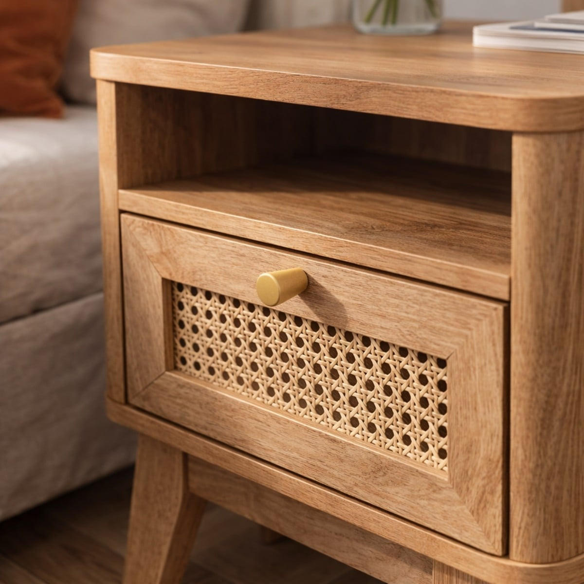 NACHTTISCH 1 schublade mit rattanfront und 1 fach palmo 39/39/49 cm - Eschefarben, Holzwerkstoff (39/49/49cm) - Calicosy