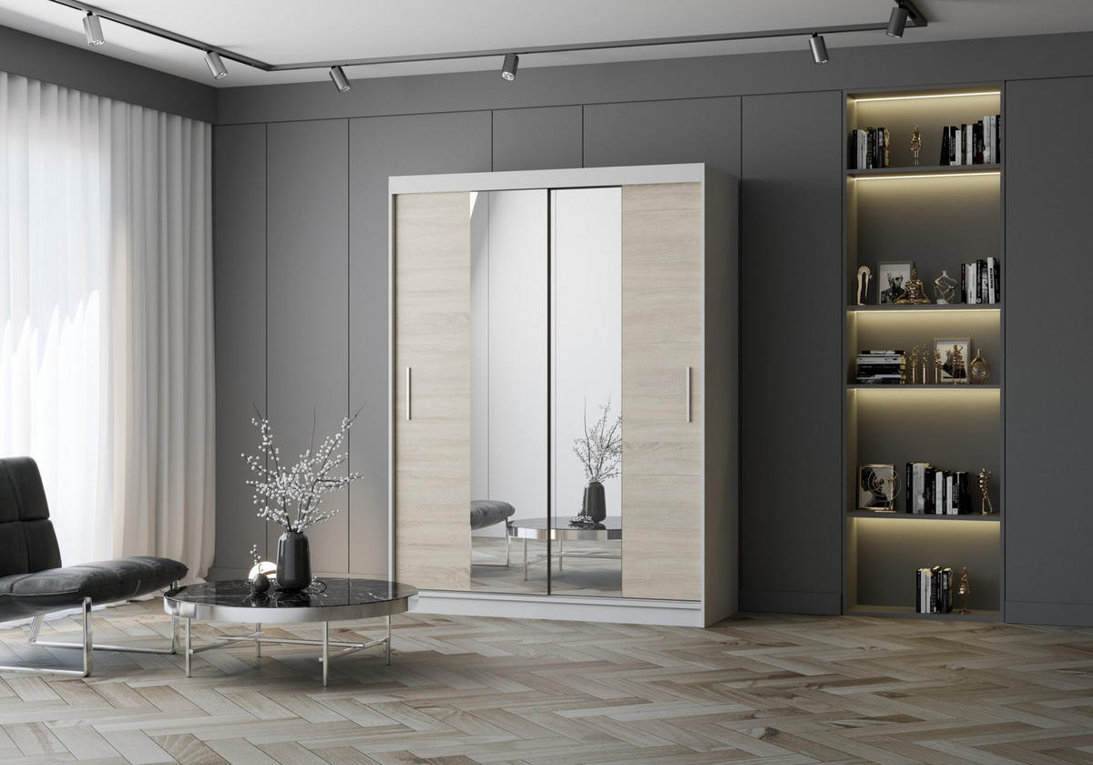 SCHIEBETÜRENSCHRANK - LARA 01 (Weiß + Sonoma) - Weiß/Sonoma Eiche, Holzwerkstoff/Metall (150/200/61cm) - Möblo