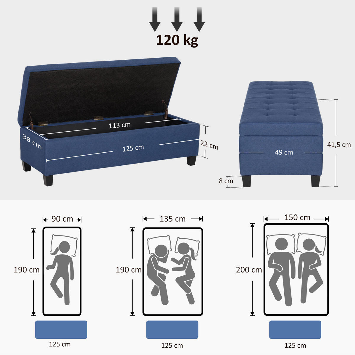 TRUHENBANK DE-16424 mit großem Stauraum und Leinenbezug Blau - Blau, Textil (125/41.5/49cm) - ComfortXL