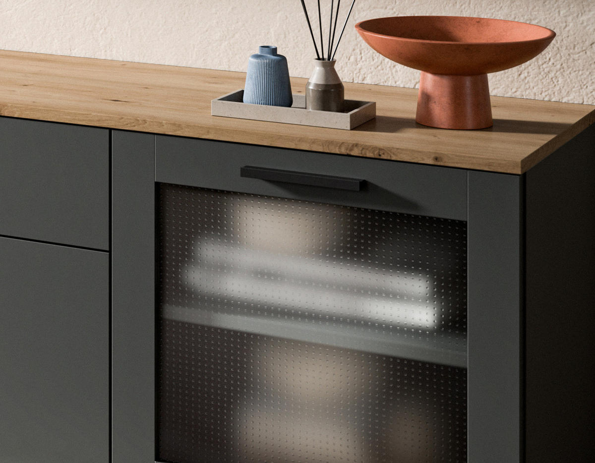 TV-LOWBOARD grau, Eiche 185 cm, TV-Unterteil mit Soft-Close - Schwarz/Eiche Artisan, Glas/Holzwerkstoff (185/52/40cm) - Inn.Furn