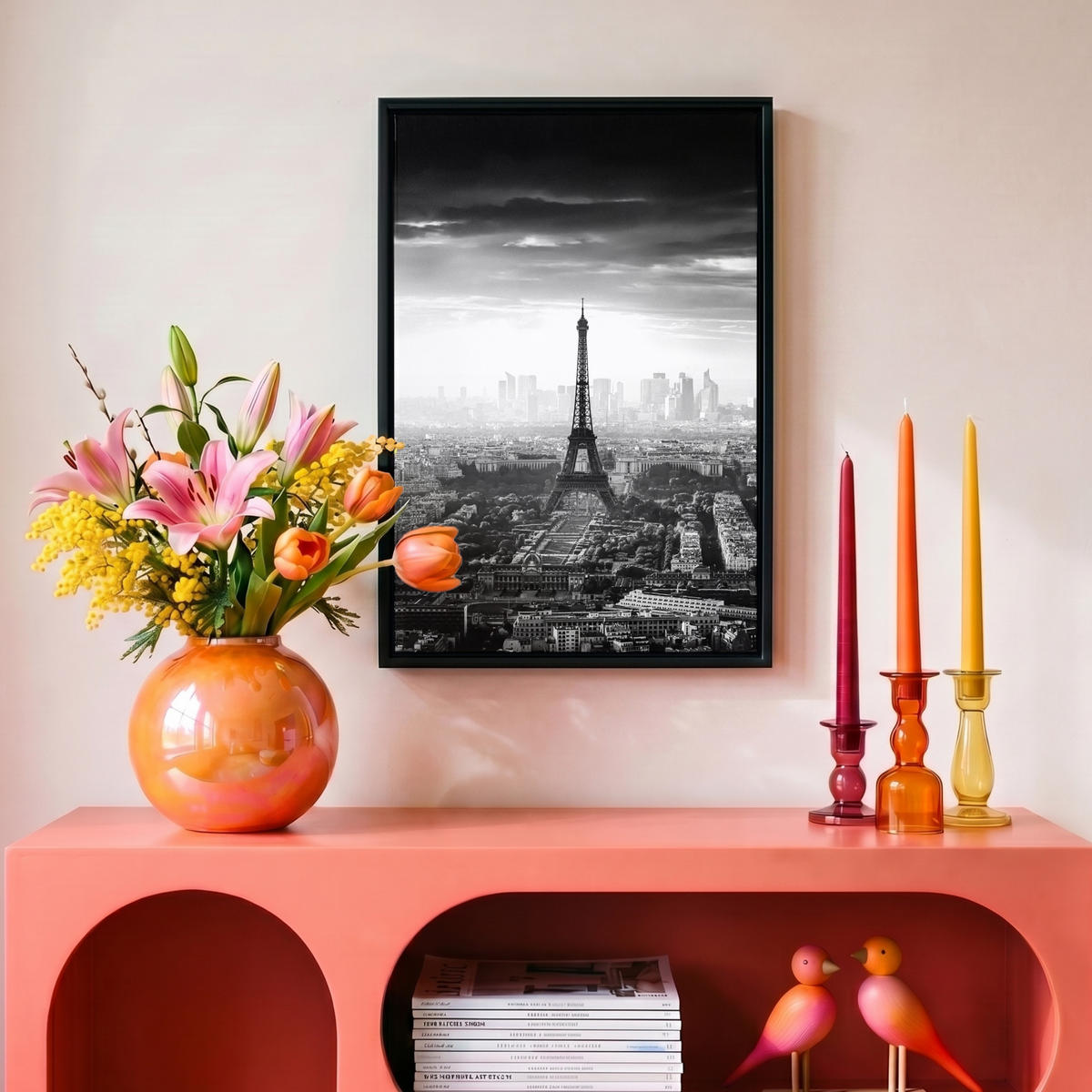 LEINWAND Bilder mit Rahmen - Paris - Skyline - Eiffelturm - Stadt - Wolken - 20x30 - Dunkelgrau, Textil (20/30cm) - MuchoWow