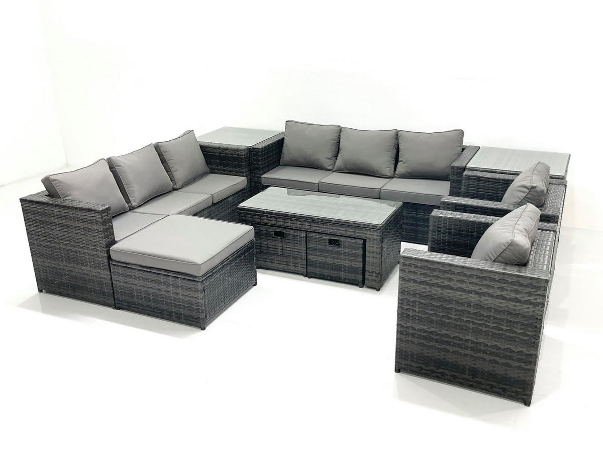 GARTENMÖBEL COUCHTISCH SET mit Sofa Polyrattan Outdoor 11-Sitzer - Dunkelgrau/Grau, Glas/Kunststoff - Fimous