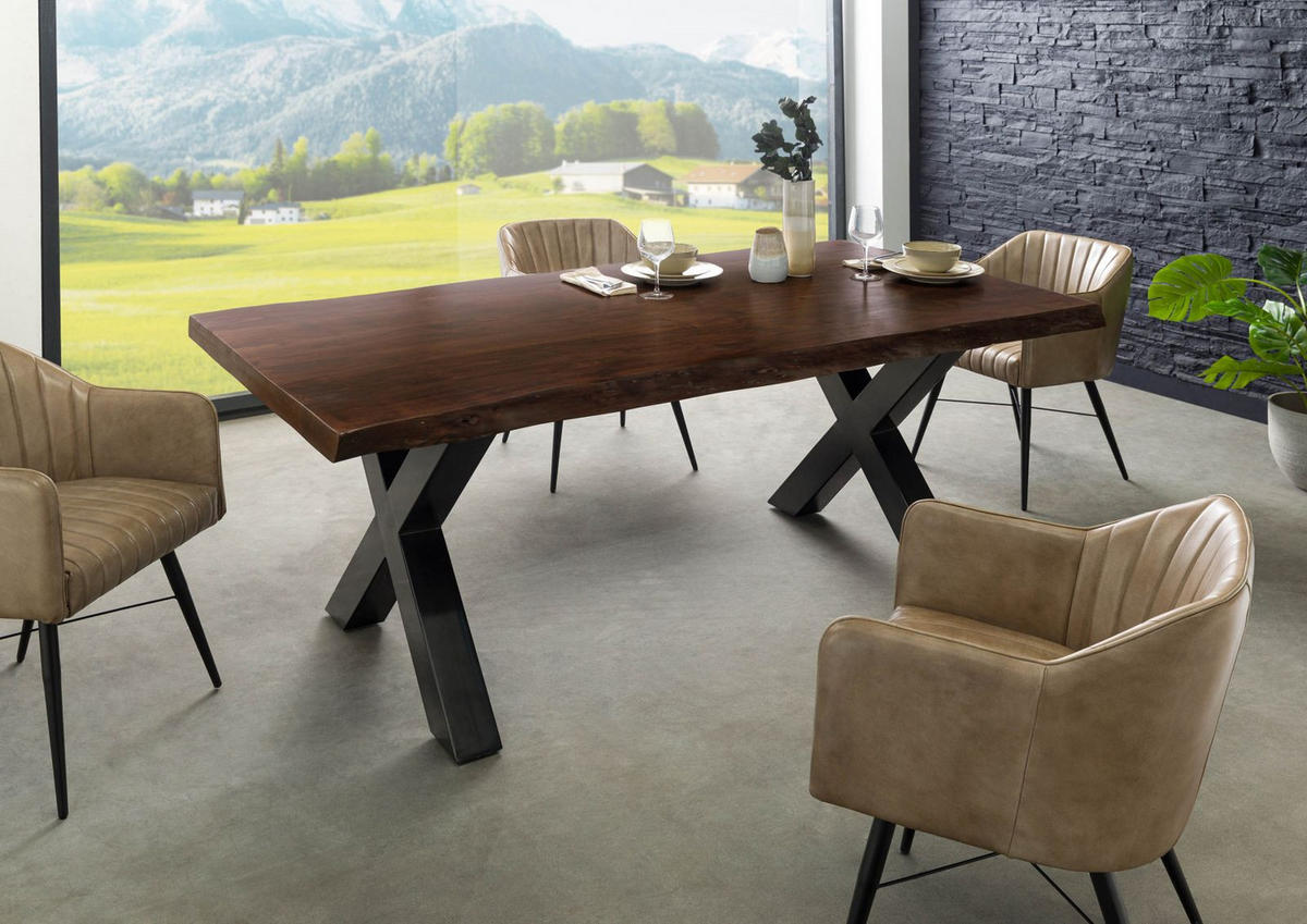BAUMTISCH Akazie 220x100x77 braun lackiert / X-Beine anthrazit glänzend FREEFORM 5 - Braun, Holz (220/100/77cm) - Massivmoebel24