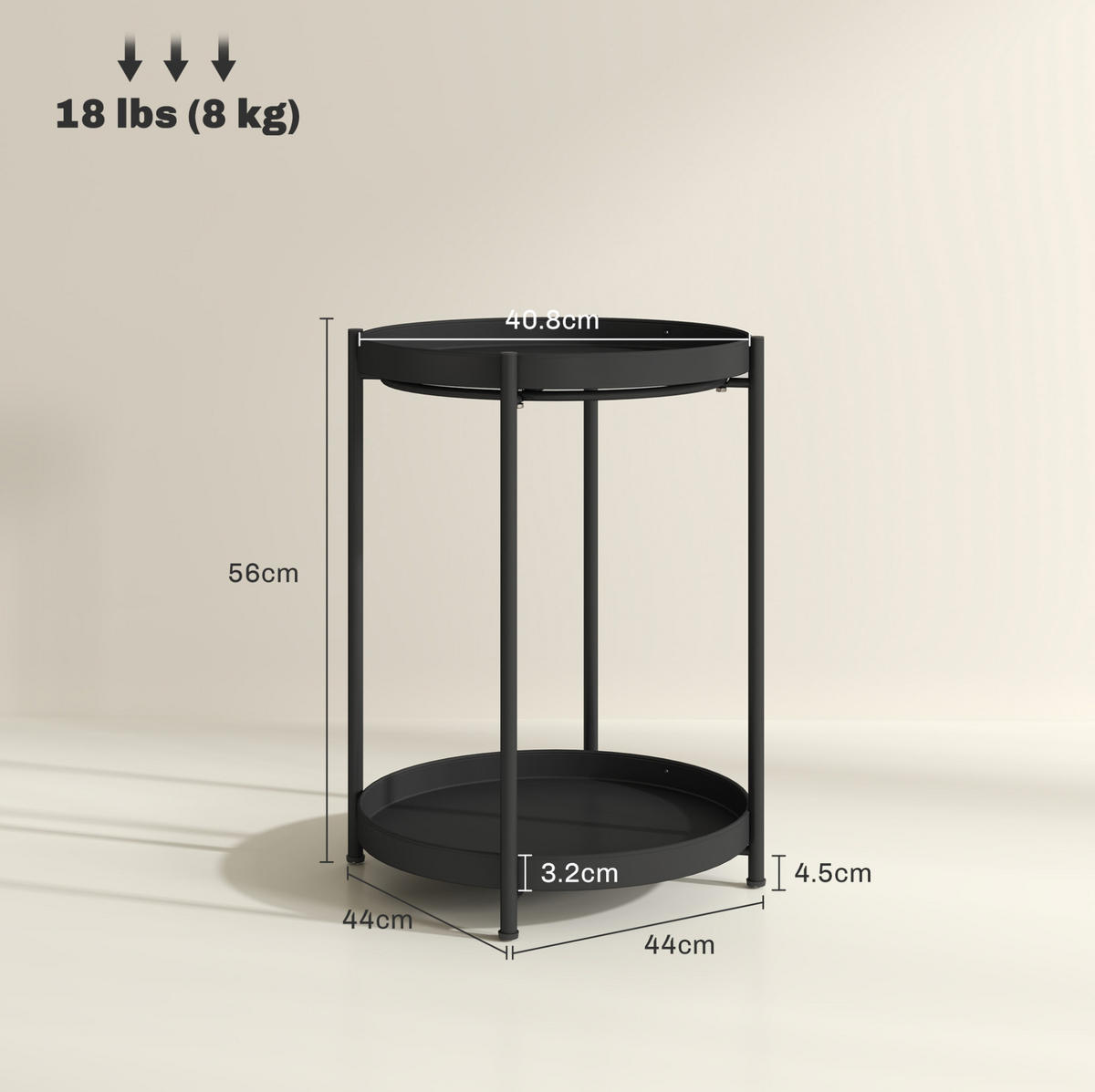 BEISTELLTISCH aus Stahl 44x44x56 cm Schwarz mit 2 Ablagen und justierbaren Fußpolstern - Schwarz, Metall (44/44/56cm) - IVMEU