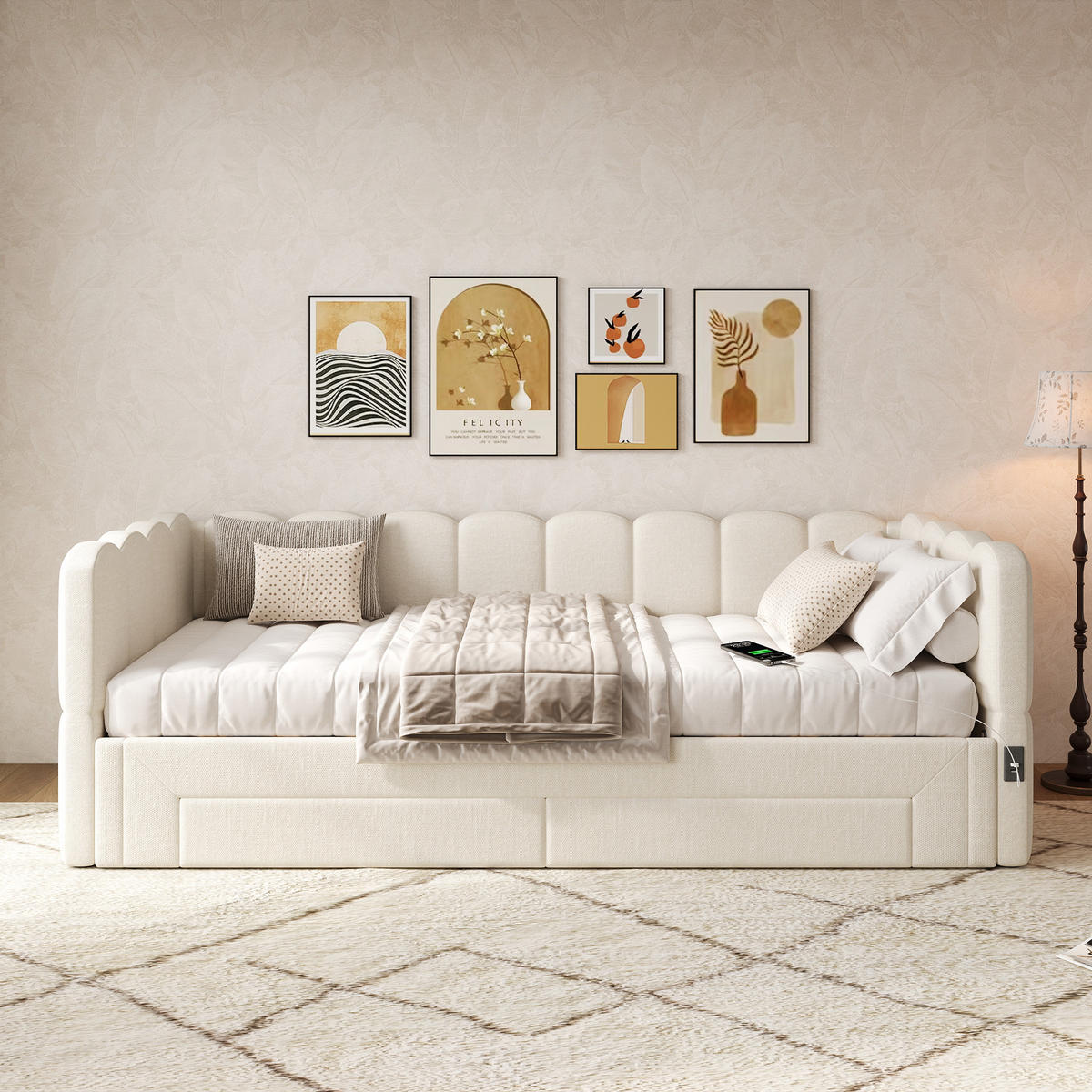 POLSTERBETT 90/200 cm beige aus Leinen mit Ausziehfunktion und USB-Anschluss - Weiß, Textil (90/200cm) - OKWISH