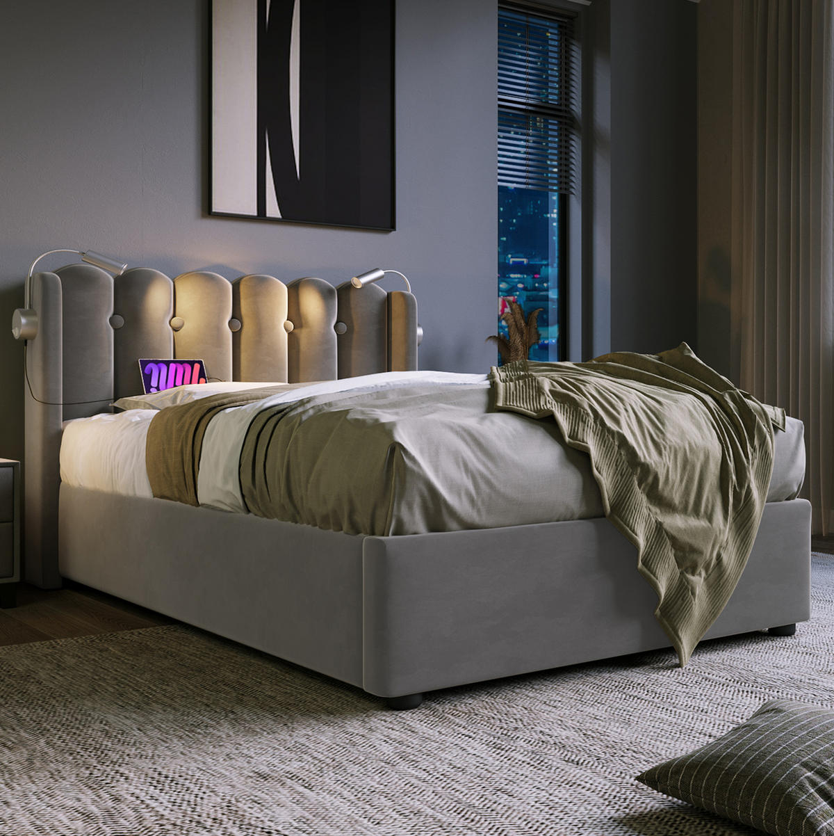 POLSTERBETT 90/200 cm Grau aus Samt mit USB und Leselicht - Grau, Textil (90/200cm) - OKMYHOME