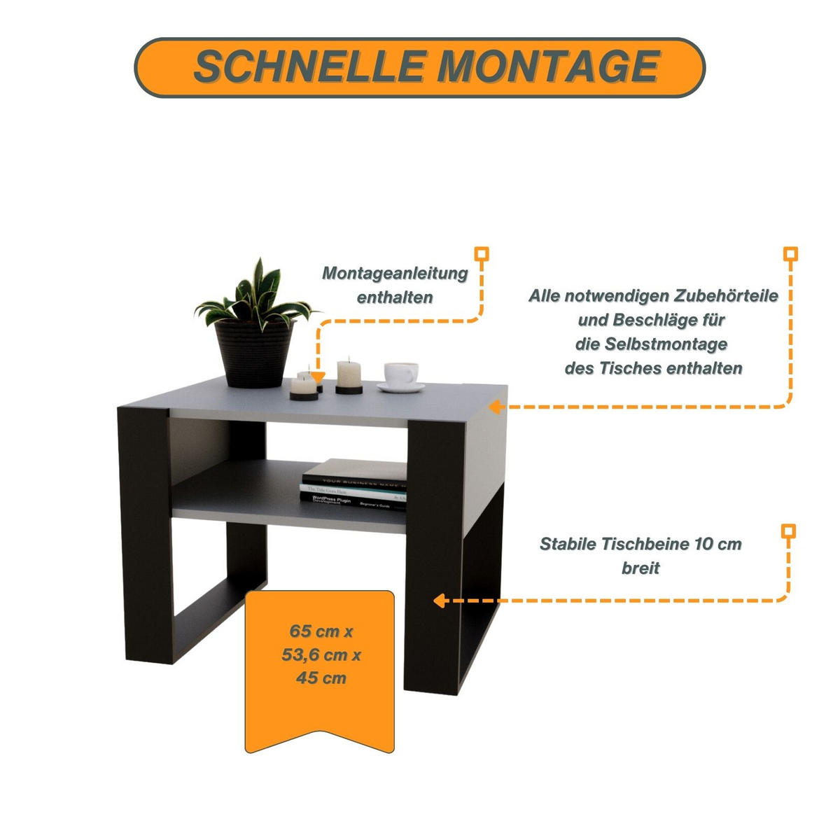 COUCHTISCH Holzwerkstoff rechteckig stabil Dunkelgrau 45/53,6/65cm - Dunkelgrau/Schwarz, Holzwerkstoff (53.6/65/45cm) - CraftPAK