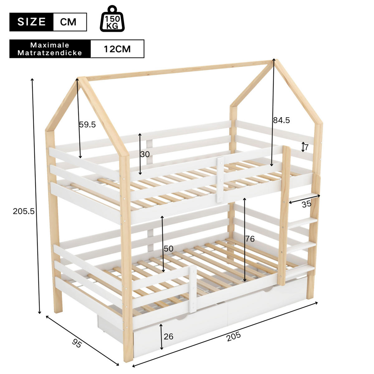 ETAGENBETT aus Kiefernholz 90x200 cm in Weiß mit Schubladen & Rausfallschutz - Weiß, Holz (90/200cm) - Modfu