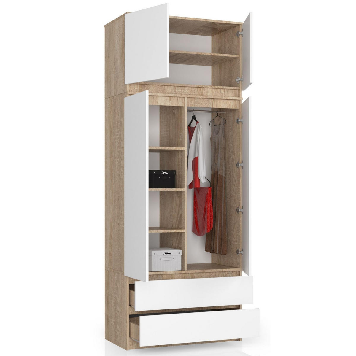 KLEIDERSCHRANK AUFSATZSCHRANK Sonoma-Eiche,Weiß 90x51x55cm - Weiß/Sonoma Eiche, Holzwerkstoff (90/55/51cm) - Akord