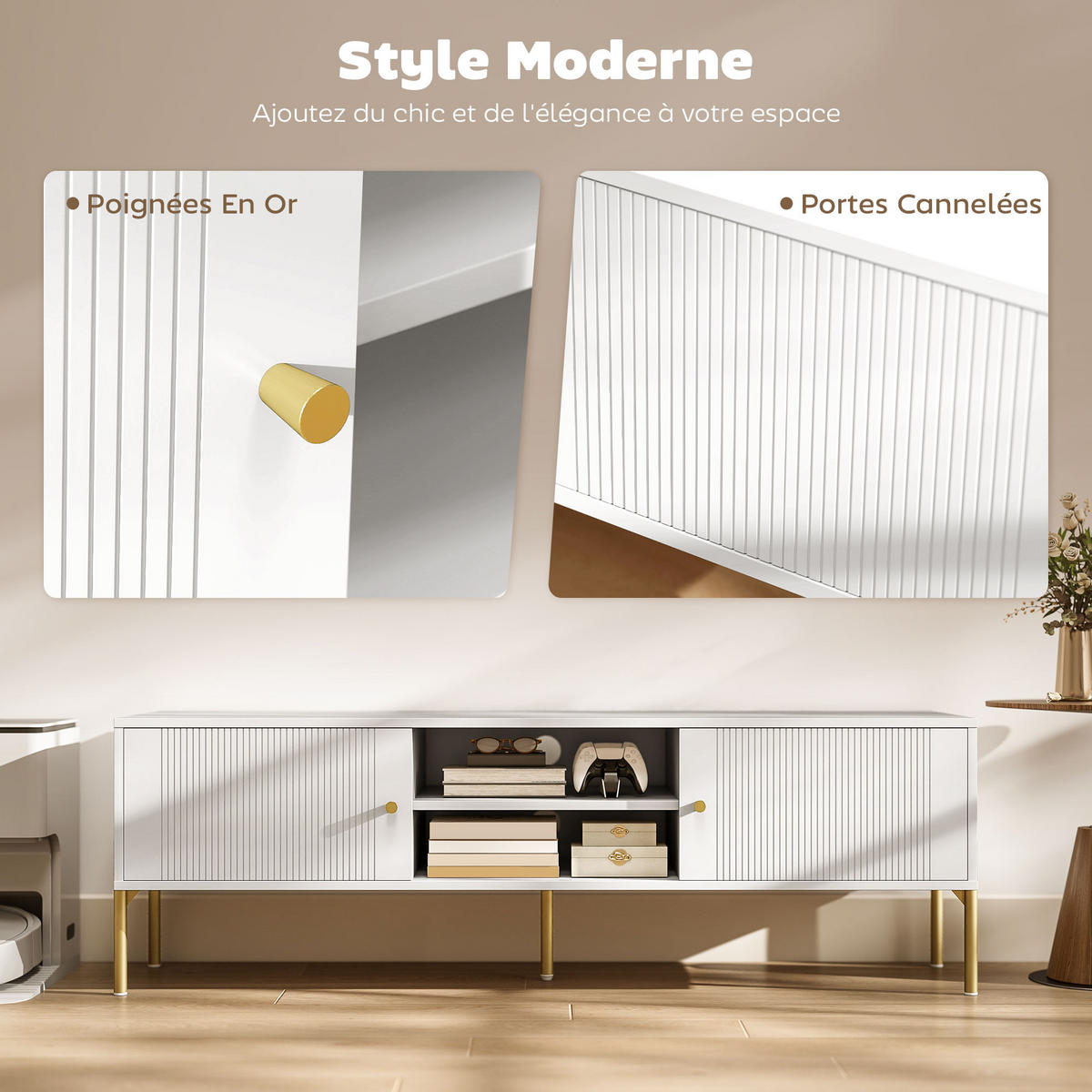 TV-LOWBOARD Weiß/Goldfarben 140/38/45,9 cm, 2 Türen, 2 offene Fächer, Metallfüße - Weiß, Holzwerkstoff (140/45.9/38cm) - PANGIVO