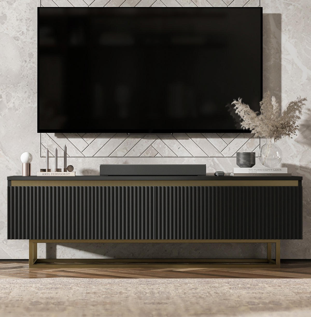 TV-SCHRANK Selene Glamour Schwarz Matt mit Metallrahmen 140 cm - Goldfarben/Schwarz, Holzwerkstoff/Metall (140/44/35cm) - Meble Lindner