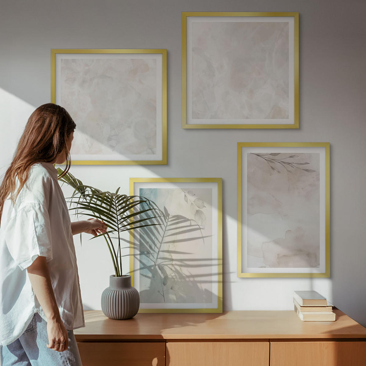 BILDER SET 4er Set - 50x50 cm & 40x60 cm Goldrahmen - Aquarellmalerei-Textur - Goldfarben, Kunststoff (50/50cm) - TULUP