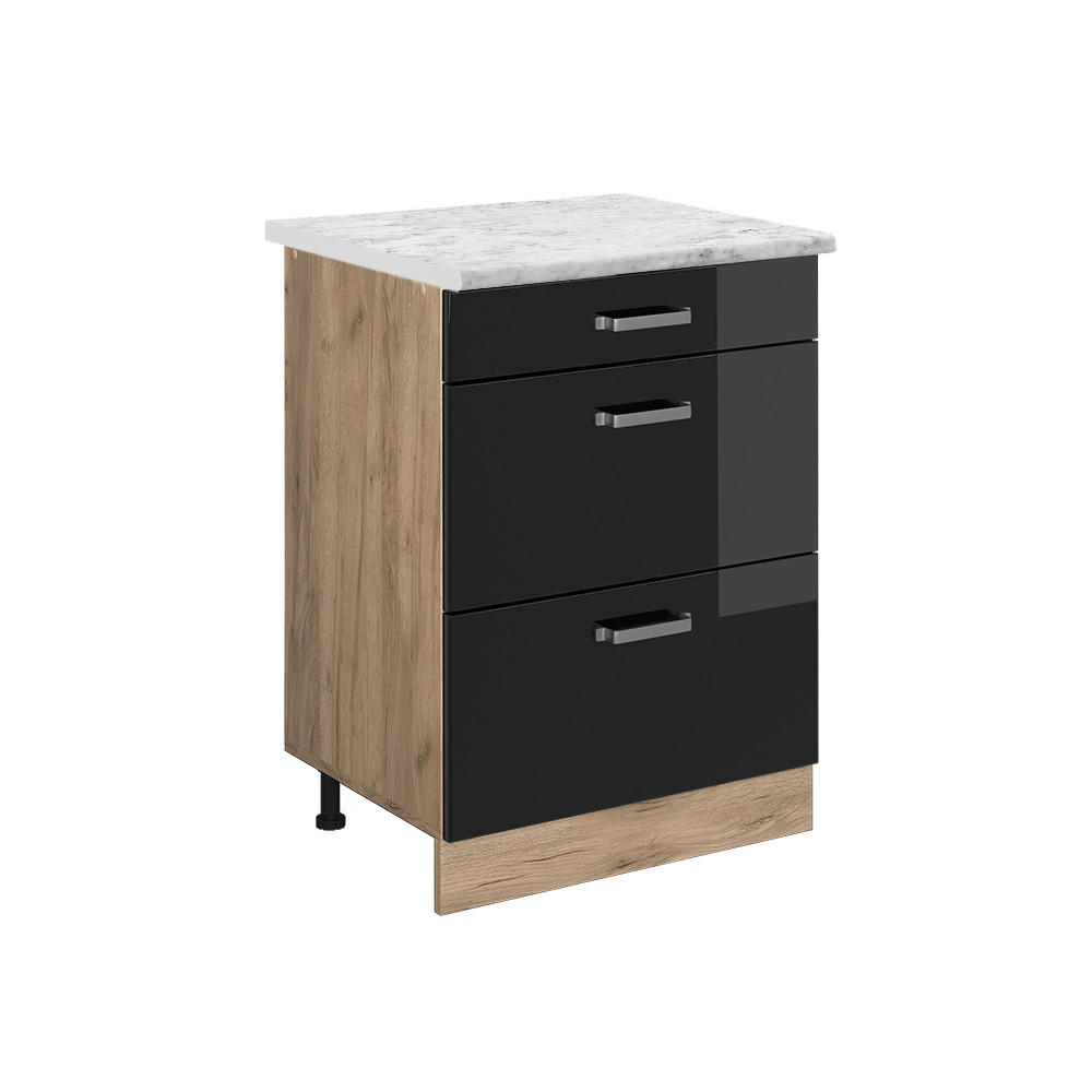 KÜCHENUNTERSCHRANK R-Line Schwarz Hochglanz 60 cm AP Marmor - Schwarz Hochglanz/Eiche Wotan, Holzwerkstoff (60/81.6/60cm) - Vicco