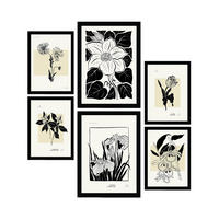 POSTER Set Mit 6 Schwarze Tinte Blumen Größe A3 & A4 Schwarzer Rahmen - Schwarz, Papier (29.7/1cm) - Nacnic
