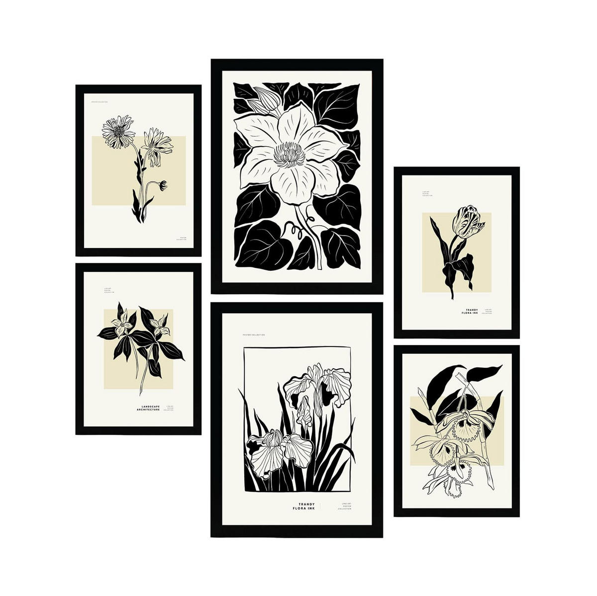 POSTER Set Mit 6 Schwarze Tinte Blumen Größe A3 & A4 Schwarzer Rahmen - Schwarz, Papier (29.7/1cm) - Nacnic