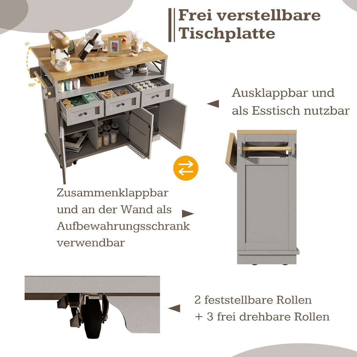KÜCHENINSEL mit klappbarer Arbeitsplatte, Grau mit Holzmaserung, 118/43-80/98 cm - Grau, Kunststoff (43/98/118cm) - Rolipo