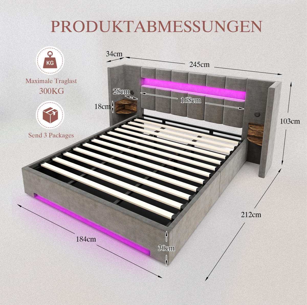 BETT mit Stauraum, USB & LED 180x200 cm Samt Dunkelgrau - Dunkelgrau, Metall (180/200cm) - Meubliv