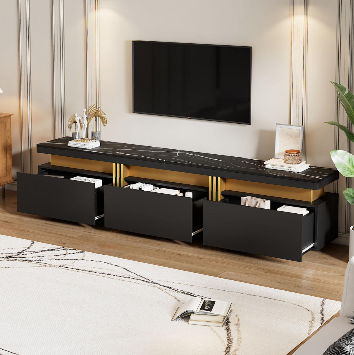 TV-LOWBOARD aus Spanplatte 200x40x42 cm Schwarz mit 3 Schubladen und Kabelauslass - Schwarz, Holzwerkstoff (200/42/40cm) - IVMEU