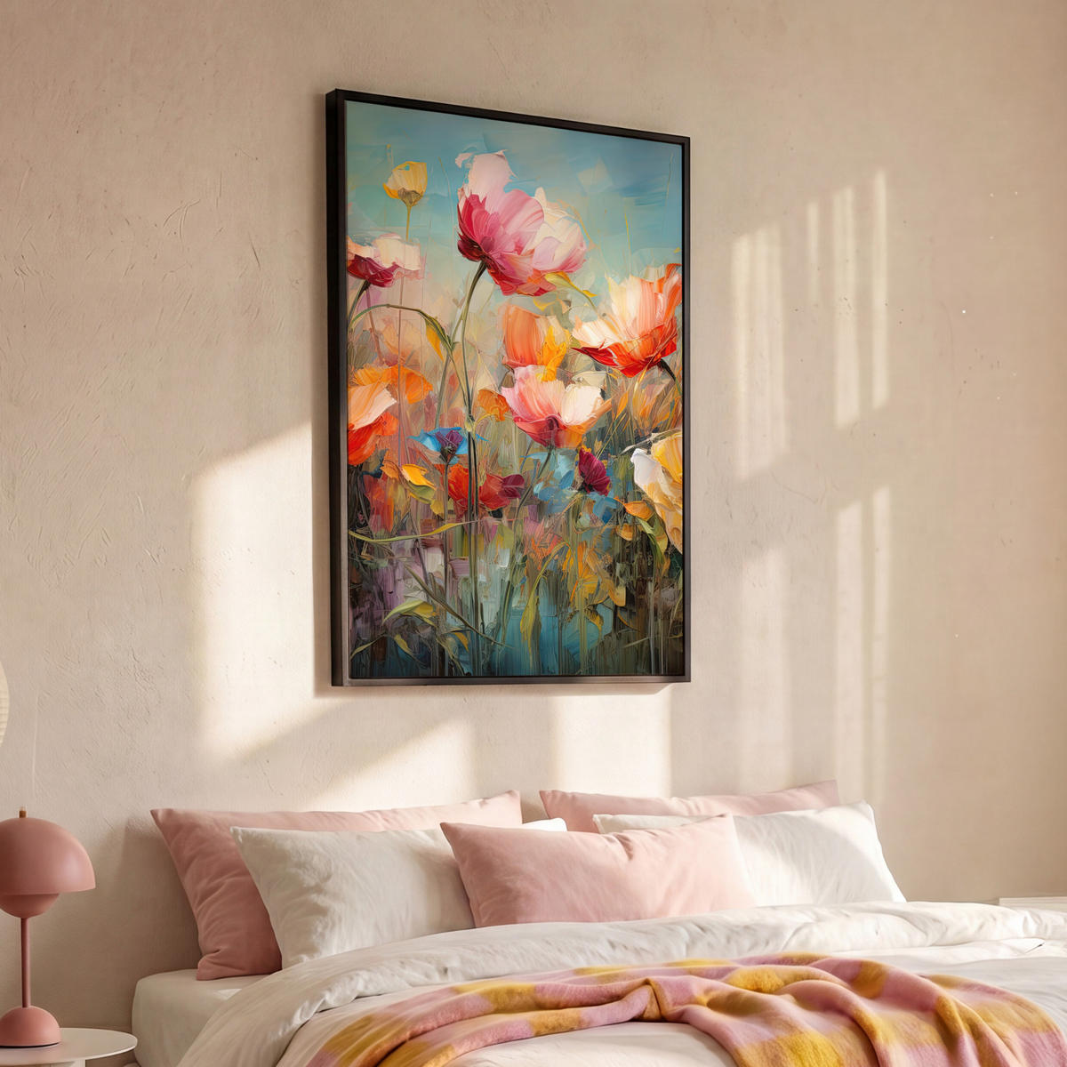 LEINWAND Bilder mit Rahmen - Blumen - Aquarell - Kunst - Botanisch - Natur - 90x140 - Orange, Textil (90/140cm) - MuchoWow